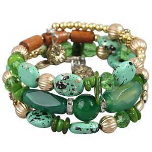 Western Style Green Gemstone Wood Gold Tone Wrap Bracelet Southwest Accessory